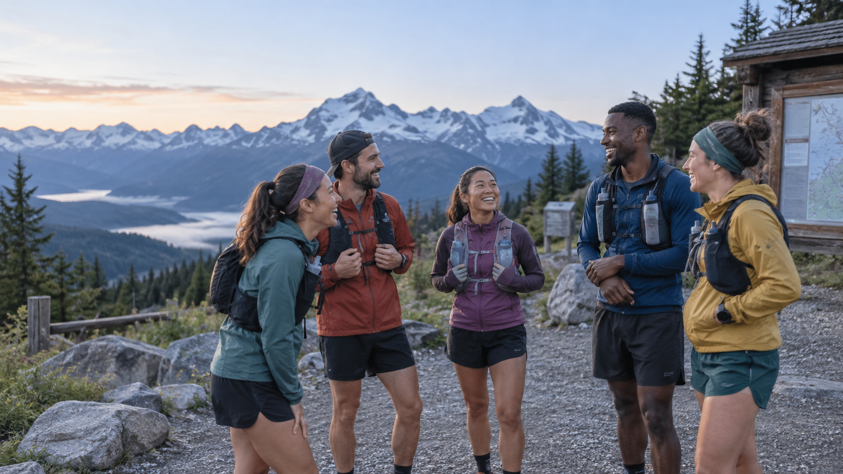 Five trail runners meeting at an alpine trailhead