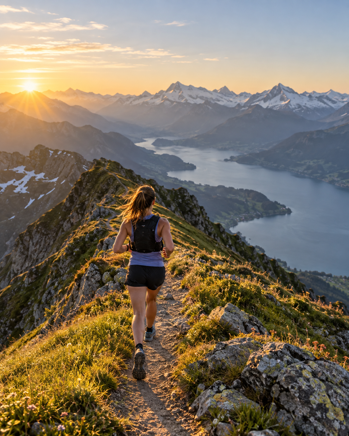 A trail runner on an alpine ridge at sunrise